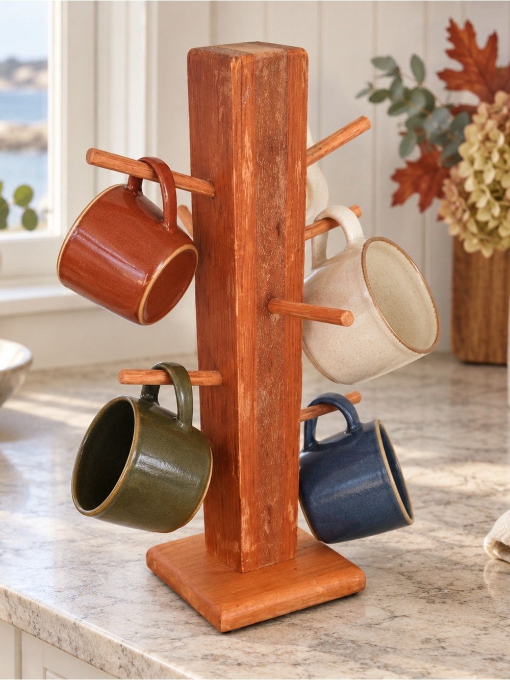 Rustic Hand Carved Mug Tree Stand
